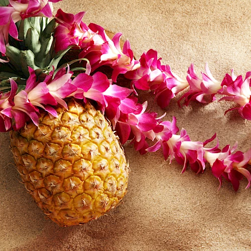 A pineapple with a pink and white flower lei draped over it, set on a textured beige surface.